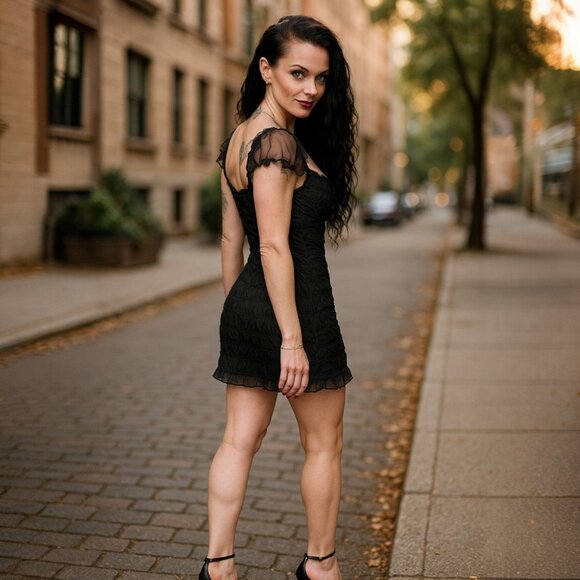 Motel Lenira Black Ruffled Mini Dress – Sheer Sleeves – Size M–NWT – Dolls Kill - Picture 2 of 4